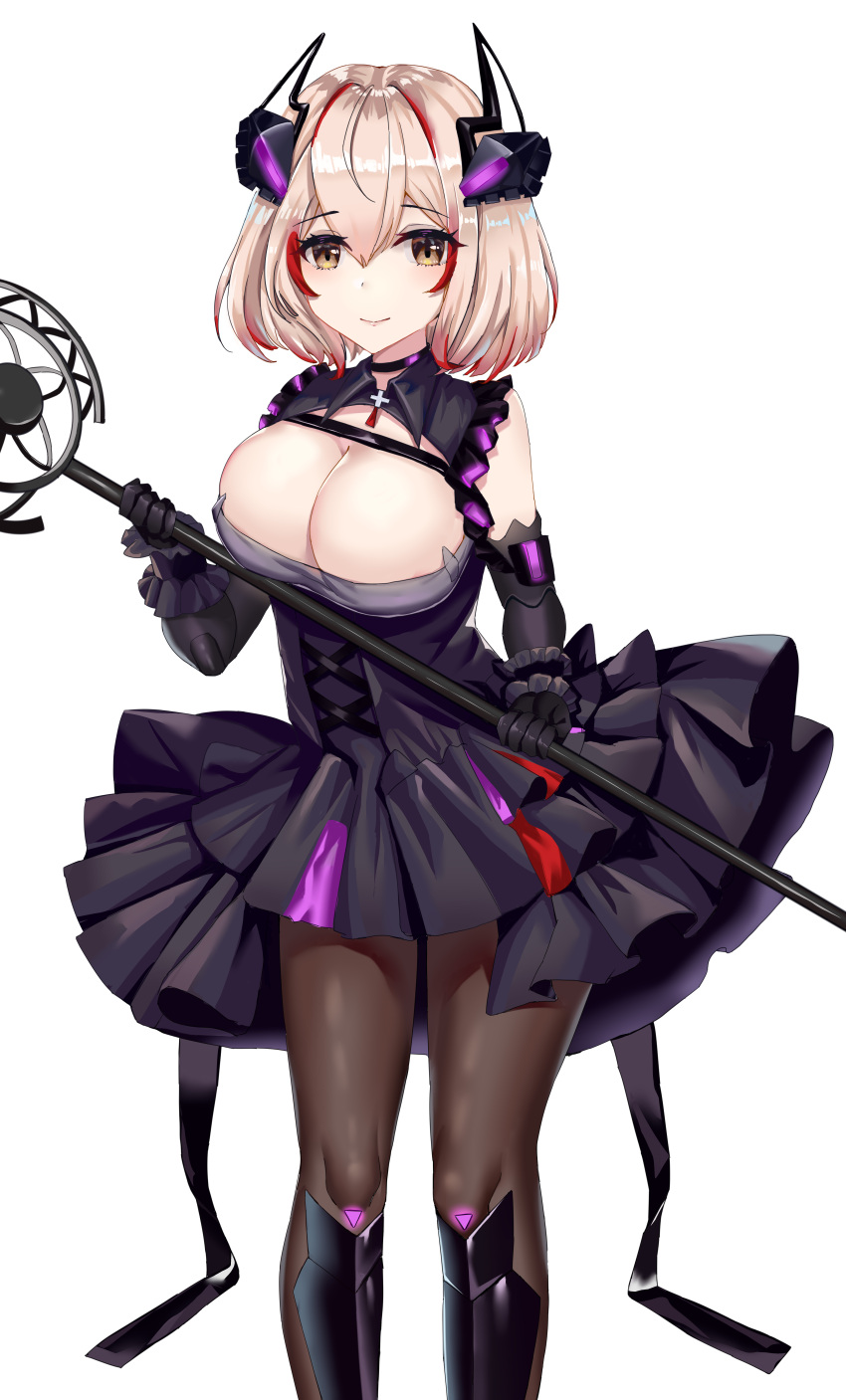 1girl absurdres alternate_costume azur_lane black_dress boots breasts cleavage_cutout clothing_cutout dress eyebrows_visible_through_hair highres holding holding_microphone_stand knee_boots large_breasts light_brown_eyes light_brown_hair medium_hair microphone_stand multicolored_hair pantyhose redhead roon_(azur_lane) roon_(muse)_(azur_lane) she_taizi simple_background solo streaked_hair white_background wing_collar