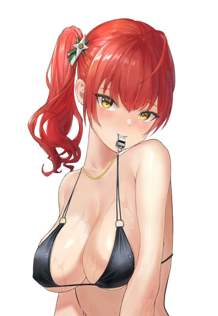 1girl ahoge azur_lane bangs bario bikini black_bikini blowing_whistle blush breasts hair_intakes hair_ornament highres large_breasts long_hair looking_at_viewer o-ring o-ring_bikini redhead side_ponytail simple_background solo swimsuit upper_body wet whistle white_background yellow_eyes zara_(azur_lane) zara_(poolside_coincidence)_(azur_lane)