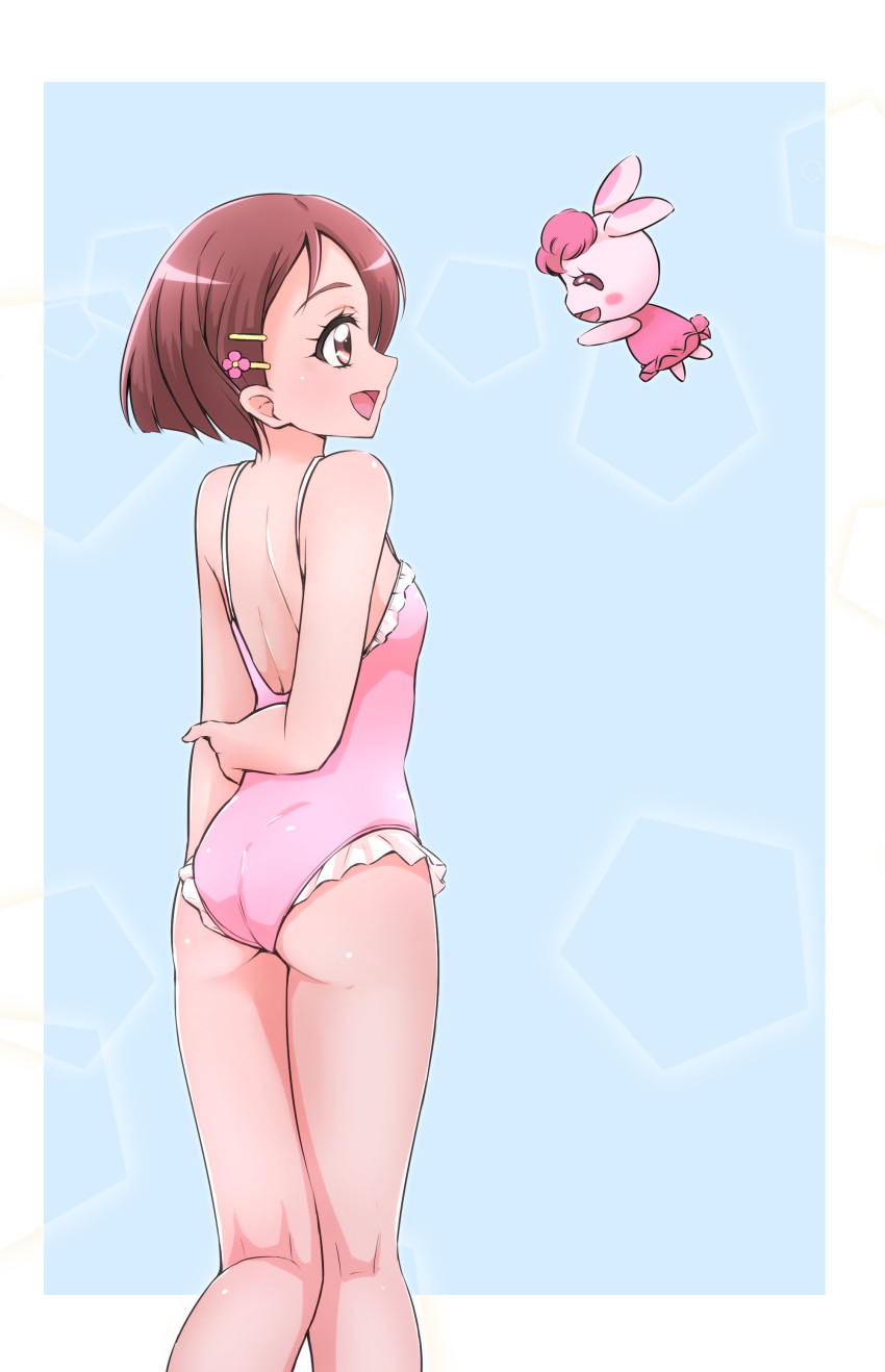 1girl :d absurdres arm_behind_back ass border brown_eyes brown_hair casual_one-piece_swimsuit flower frilled_swimsuit frills from_behind hair_flower hair_ornament hairclip hanadera_nodoka healin'_good_precure highres one-piece_swimsuit open_mouth outside_border pink_flower pink_swimsuit precure rabirin_(precure) shiny shiny_hair shiny_skin short_hair shoulder_blades smile solo standing stick308 swimsuit white_border