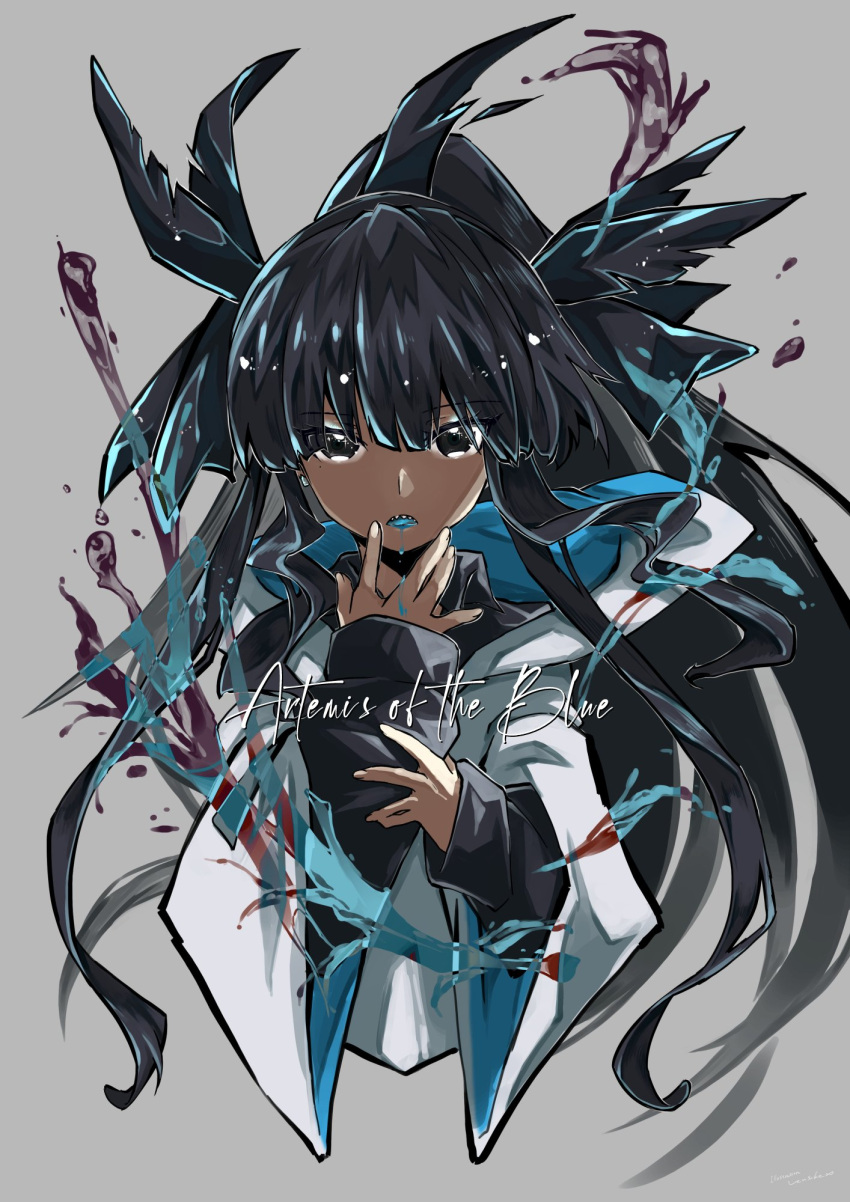 1girl artemis_of_the_blue artist_name atelier_live black_eyes black_hair english_commentary grey_background highres long_hair looking_at_viewer saliva shark_girl shinnjugokko solo very_long_hair virtual_youtuber water