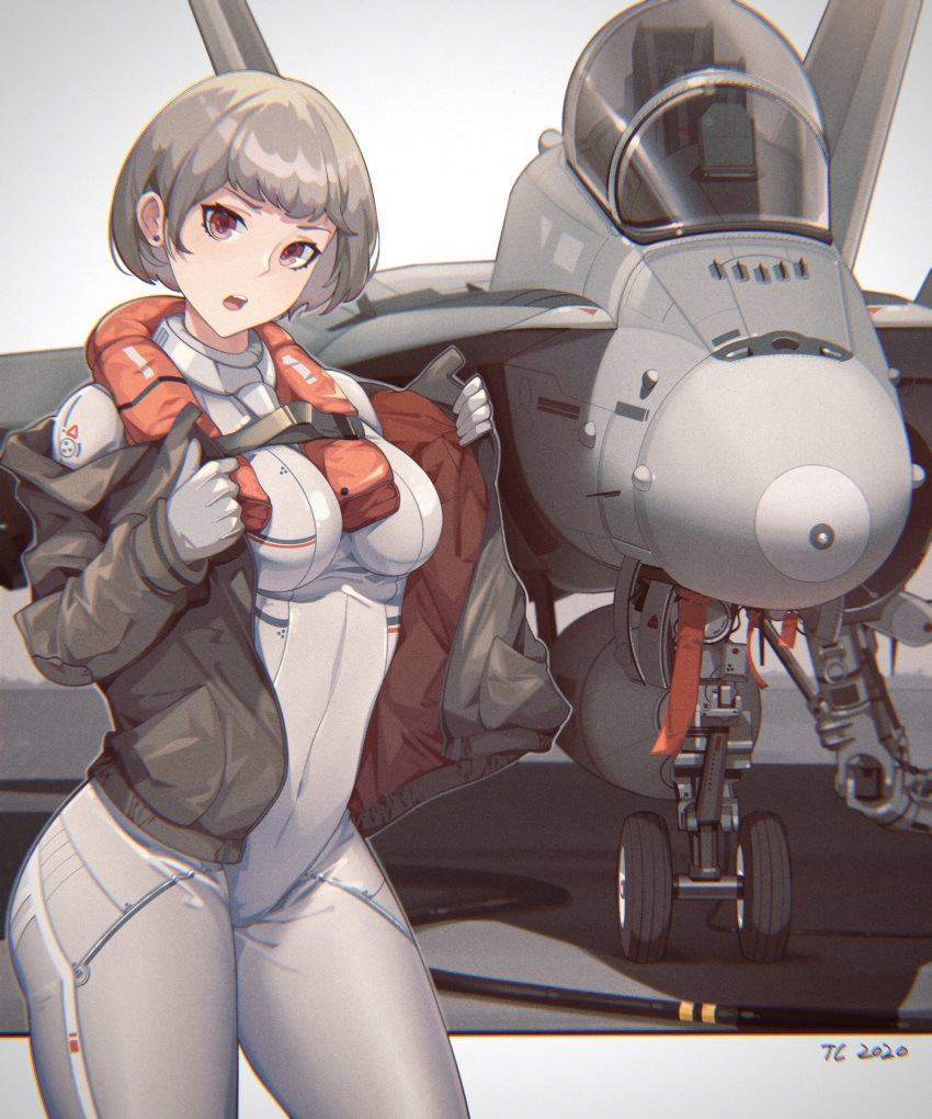1girl absurdres aircraft airplane bob_cut bodysuit breasts brown_coat coat covered_navel cowboy_shot earrings fighter_jet grey_hair highres jet jewelry long_sleeves military military_vehicle off_shoulder open_clothes open_coat original pilot_suit red_eyes senjouhara_nira short_hair small_breasts solo standing white_bodysuit