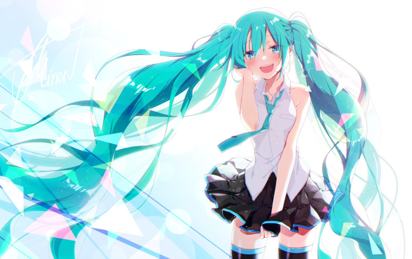 1girl absurdly_long_hair aqua_eyes aqua_hair aqua_neckwear asagao_minoru backlighting bare_shoulders black_legwear black_skirt commentary cowboy_shot half-closed_eyes hand_in_hair hand_up hatsune_miku long_hair looking_at_viewer miniskirt necktie open_mouth pleated_skirt shirt signature skirt skirt_hold sleeveless sleeveless_shirt smile solo standing thigh-highs triangle twintails very_long_hair vocaloid white_background white_shirt zettai_ryouiki