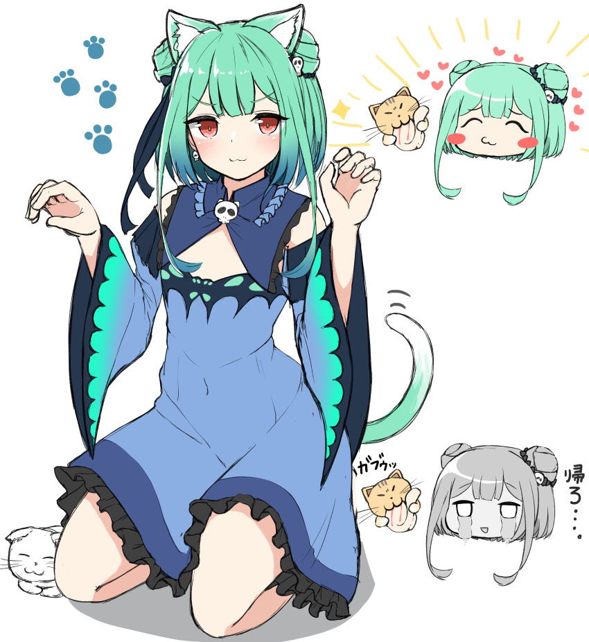 1girl :3 absurdres animal animal_ear_fluff animal_ears bangs black_ribbon blue_dress blue_sleeves blush_stickers cat cat_ears cat_girl cat_tail claw_pose closed_eyes closed_mouth covered_navel crying detached_sleeves dress earrings eyebrows_visible_through_hair frilled_dress frills green_hair hair_ornament hair_ribbon hands_up heart highres hololive jewelry kemonomimi_mode long_hair long_sleeves looking_at_viewer moyoron multiple_views parted_lips red_eyes ribbon seiza shadow sidelocks sitting skull_earrings skull_hair_ornament sleeveless sleeveless_dress smile streaming_tears tail tears uruha_rushia v-shaped_eyebrows virtual_youtuber white_background wide_sleeves