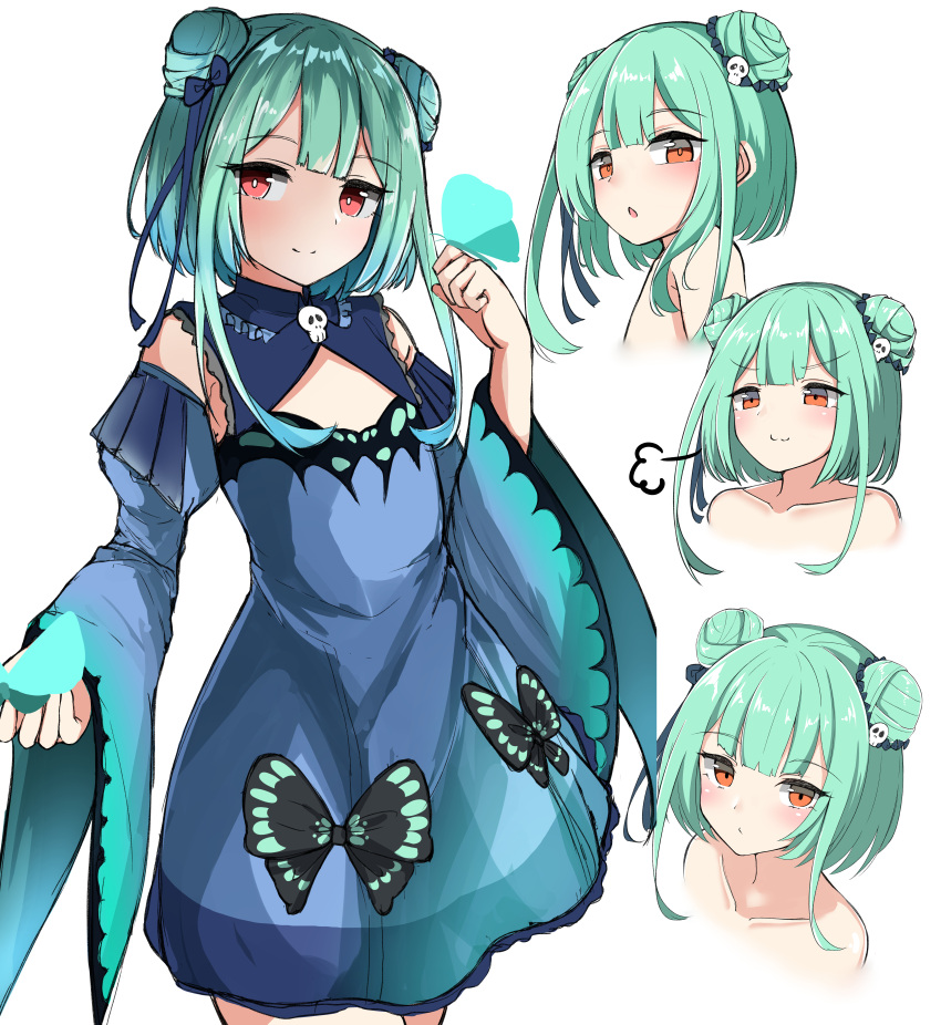 1girl :3 absurdres animal animal_on_hand bangs blue_bow blue_dress blue_sleeves blush bow brown_eyes bug butterfly butterfly_on_hand closed_mouth collarbone cropped_torso detached_sleeves double_bun dress eyebrows_visible_through_hair green_hair hair_bow hair_ornament hand_up highres hololive huge_filesize insect juliet_sleeves long_hair long_sleeves moyoron multiple_views nude parted_lips puffy_sleeves red_eyes sidelocks simple_background skull_hair_ornament sleeveless sleeveless_dress smile uruha_rushia virtual_youtuber white_background wide_sleeves