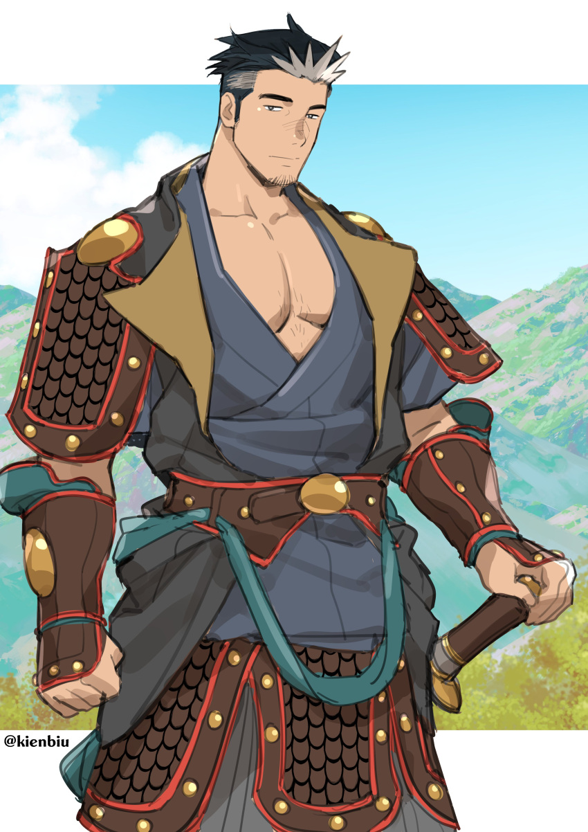 1boy absurdres armor bara black_hair blonde_hair blue_kimono chest chest_hair cowboy_shot da_thach_(kienbiu) facial_hair highres japanese_armor japanese_clothes katana kienbiu kimono male_focus multicolored_hair muscle open_clothes open_kimono original short_hair sideburns solo spiky_hair stubble sword thighs two-tone_hair weapon white_hair