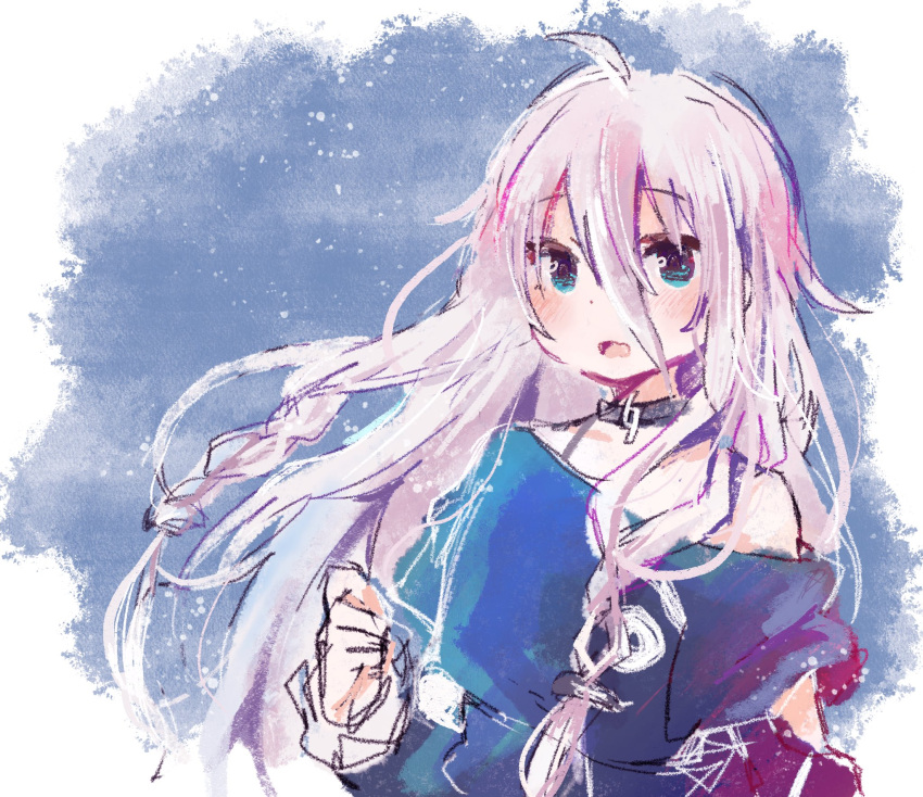 1girl black_shirt blue_background blue_eyes braid cevio choker commentary highres ia_(vocaloid) kyuaa light_smile long_hair looking_at_viewer off-shoulder_shirt off_shoulder open_mouth pink_hair shirt sketch solo spaghetti_strap twin_braids upper_body very_long_hair vocaloid