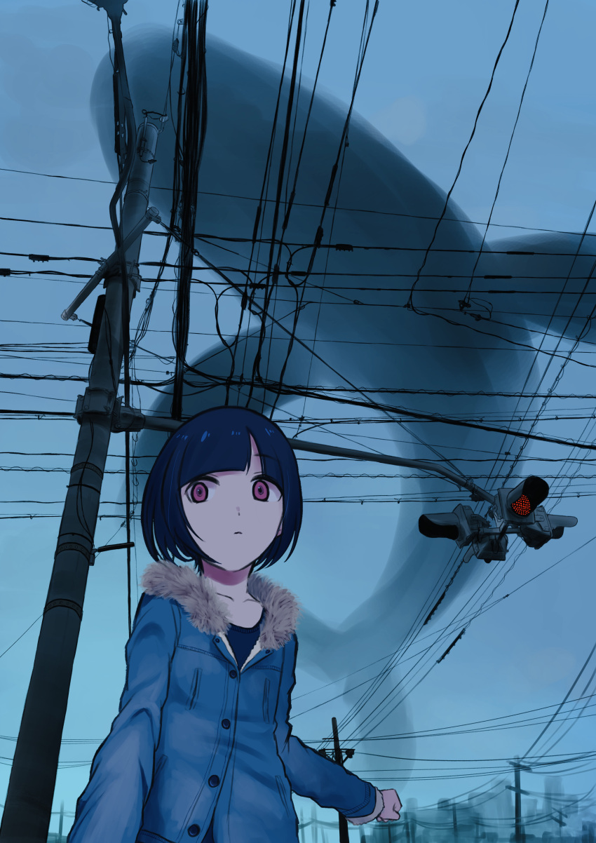 1girl absurdres bangs black_hair blue_coat blue_sky blunt_bangs cityscape clouds coat collarbone commentary flying_whale fur-trimmed_coat fur_trim highres nishikino_kee original outdoors red_eyes sky traffic_light upper_body urban utility_pole whale