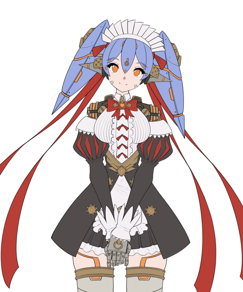 1girl android breasts cowboy_shot head_tilt highres hksicabb joints long_hair maid maid_headdress medium_breasts orange_eyes poppi_(xenoblade) poppi_qt_(xenoblade) purple_hair robot_joints simple_background smile solo thigh-highs twintails white_background xenoblade_chronicles_(series) xenoblade_chronicles_2