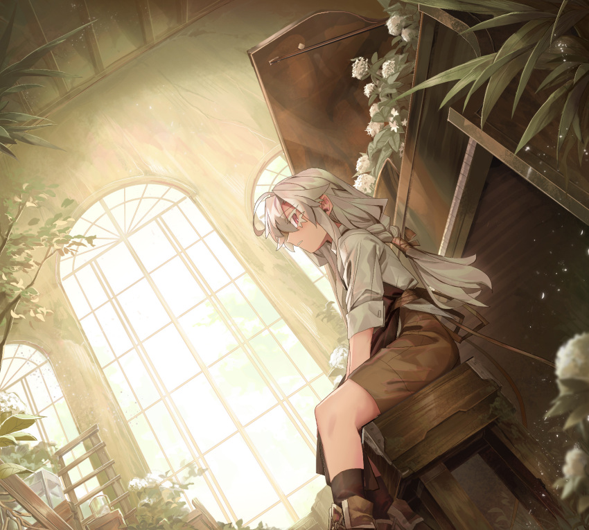 1girl ahoge ari_(shichigatsu) braid bright_pupils brown_legwear brown_shorts flower from_side highres indoors instrument long_hair looking_at_viewer looking_to_the_side original parted_lips piano plant potted_plant red_eyes shichigatsu shorts sitting socks solo stool white_flower white_hair window