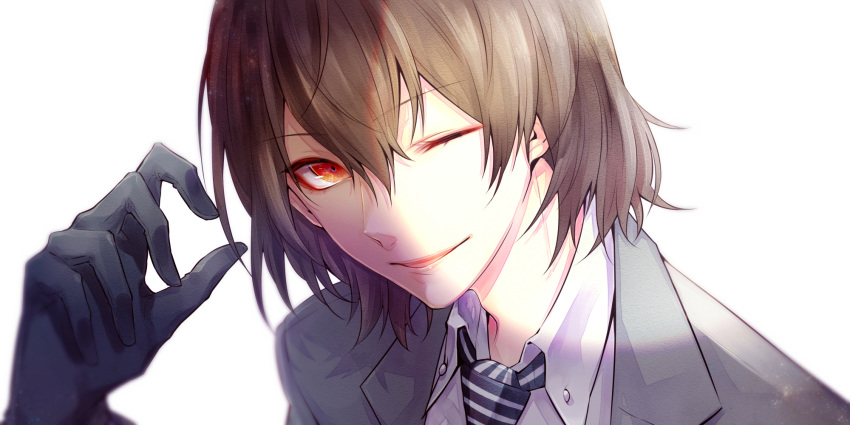 1boy akechi_gorou bangs black_gloves brown_eyes brown_hair eyebrows_visible_through_hair face gloves grey_jacket hair_between_eyes highres jacket male_focus necktie one_eye_closed open_mouth persona persona_5 simple_background solo striped striped_neckwear white_background yuu_(isis7796)