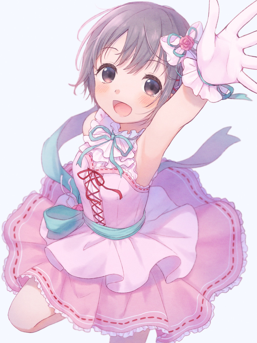 1girl :d armpits blush bob_cut bow breasts brown_eyes dress gloves grey_hair hair_bow hair_ribbon highres idolmaster idolmaster_cinderella_girls kazane_mari legs looking_at_viewer medium_breasts open_mouth otokura_yuuki pinafore_dress pink_dress ribbon short_hair sidelocks simple_background smile solo standing standing_on_one_leg thighs tutu white_background white_gloves