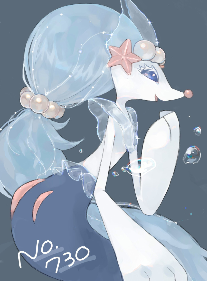 blue_eyes bubble commentary_request from_side gen_7_pokemon grey_background hand_up highres natsumekan no_humans number open_mouth pokedex_number pokemon pokemon_(creature) primarina simple_background smile solo white_eyelashes