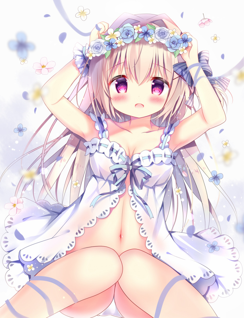 1girl :d armpits arms_up azumi_kazuki bangs bare_shoulders blue_bow blue_flower blue_rose blush bow breasts brown_hair collarbone dress eyebrows_visible_through_hair flower flower_wreath hair_between_eyes hair_bow hair_intakes head_wreath highres knees_together_feet_apart knees_up long_hair looking_at_viewer medium_breasts navel open_mouth original panties pink_flower rose sitting smile solo striped striped_bow underwear very_long_hair violet_eyes white_dress white_flower white_panties wrist_cuffs