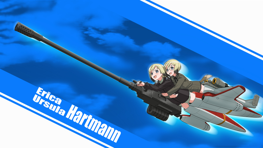 2girls bangs black_jacket black_neckwear blonde_hair blue_eyes bob_cut brown_hair brown_jacket character_name commentary dog_tail dress_shirt erica_hartmann flying glasses grey_shirt gun highres holding holding_gun holding_weapon hug hug_from_behind jacket kaneko_(novram58) long_sleeves looking_to_the_side military military_uniform multicolored_hair multiple_girls neck_ribbon no_pants open_mouth ribbon shirt short_hair siblings sisters smile strike_witches striker_unit tail uniform ursula_hartmann weapon weapon_request world_witches_series