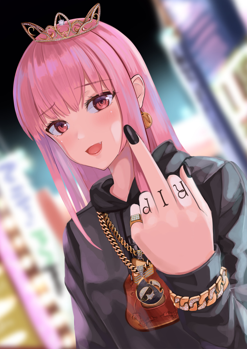 1girl black_nails chain city death-sensei_(mori_calliope) earrings fang finger_tattoo gold_chain highres hip_hop hololive hololive_english jewelry middle_finger mori_calliope open_mouth pink_eyes pink_hair shaketarako solo tiara virtual_youtuber