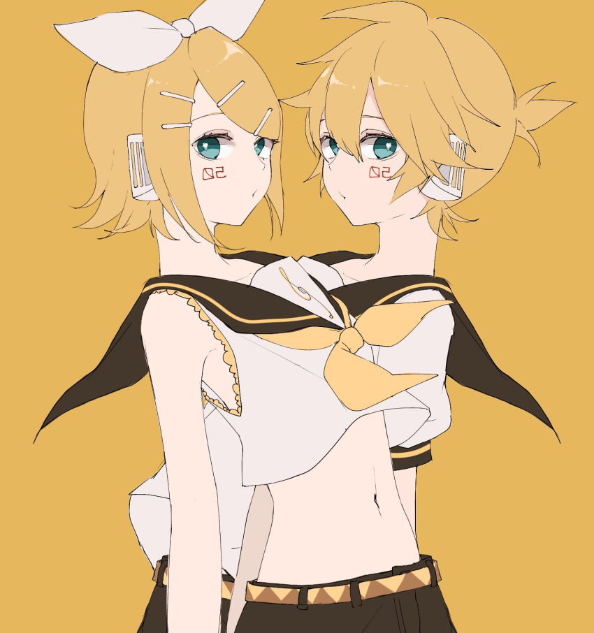 1boy 1girl bangs bare_shoulders belt black_collar black_shorts blonde_hair blue_eyes bow collar commentary crop_top facial_tattoo hair_bow hair_ornament hairclip headphones highres kagamine_len kagamine_rin leaning_back looking_at_viewer midriff navel neckerchief number_tattoo paripariparingo sailor_collar school_uniform shirt short_hair short_ponytail short_sleeves shorts siblings side-by-side sideways_glance sleeveless sleeveless_shirt spiky_hair swept_bangs symmetry tattoo treble_clef twins upper_body vocaloid white_bow white_shirt yellow_background yellow_neckwear