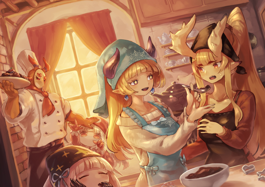 +_+ 1boy 4girls :d absurdres apron bangs black_apron blonde_hair blue_apron blunt_bangs blush bowl chef_hat chef_uniform curtains double-breasted eye_(okame_nin) feeding gaen_(okame_nin) hand_up hat head_scarf highres holding horns horns_through_headwear huge_filesize iga_(okame_nin) indoors kitchen long_hair long_sleeves mana_matitia_(okame_nin) multiple_girls no_mouth okame_nin open_mouth original pointy_ears ponytail pot reaching red_eyes red_headwear red_sweater smile spiked_horns sweat sweater tray urushia_(okame_nin) very_long_hair violet_eyes white_sweater wide_face window