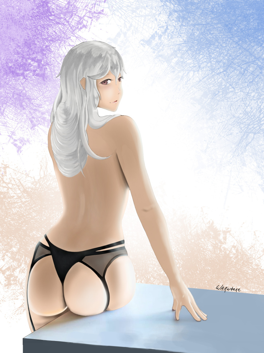 1girl ass bangs bare_shoulders breasts curvy garter_belt highres lingerie long_hair smile solo thick_thighs thighs underwear