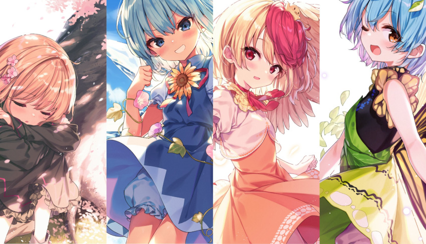4girls animal_on_head bird bird_on_head black_dress blonde_hair bloomers blue_dress blue_eyes blue_hair brown_eyes chick choker cirno closed_eyes column_lineup commentary_request dress eternity_larva eyebrows_visible_through_hair flower grin hair_flower hair_ornament highres ice ice_wings leaf leaf_hair_ornament lily_black lily_white long_sleeves looking_at_viewer morning_glory multicolored_hair multiple_girls neck_ribbon niwatari_kutaka on_head one_eye_closed open_mouth orange_dress plant red_eyes red_neckwear ribbon ribbon_choker shnva short_sleeves sleeveless sleeveless_dress smile sunflower tan tanned_cirno touhou tree two-tone_hair underwear upskirt vines wings