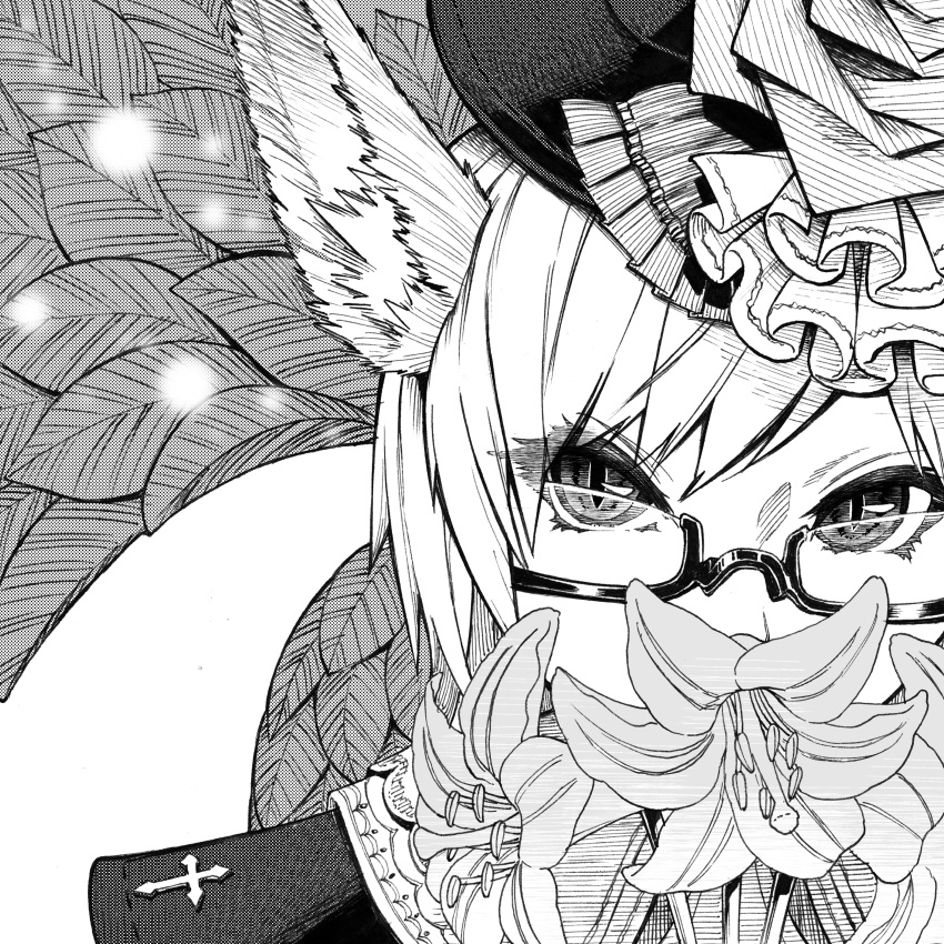 1girl absurdres animal_ears bangs cluseller commentary_request covering_mouth cross face final_fantasy final_fantasy_xiv flower glasses greyscale hat highres huge_filesize leaf lily_(flower) looking_at_viewer miqo'te monochrome semi-rimless_eyewear short_hair slit_pupils solo