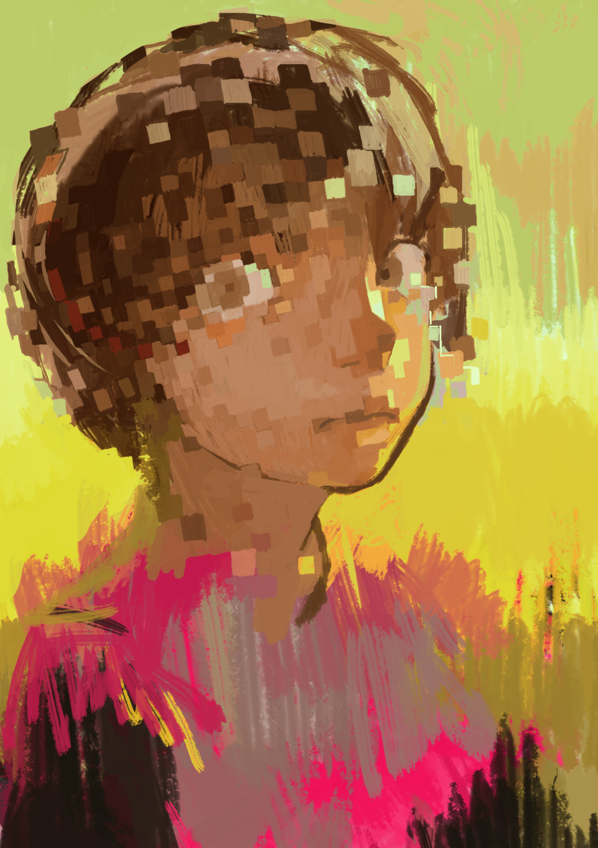 1girl abstract absurdres brown_eyes brown_hair brown_pupils closed_mouth face glitch hakusaku highres looking_at_viewer original painterly sketch solo upper_body
