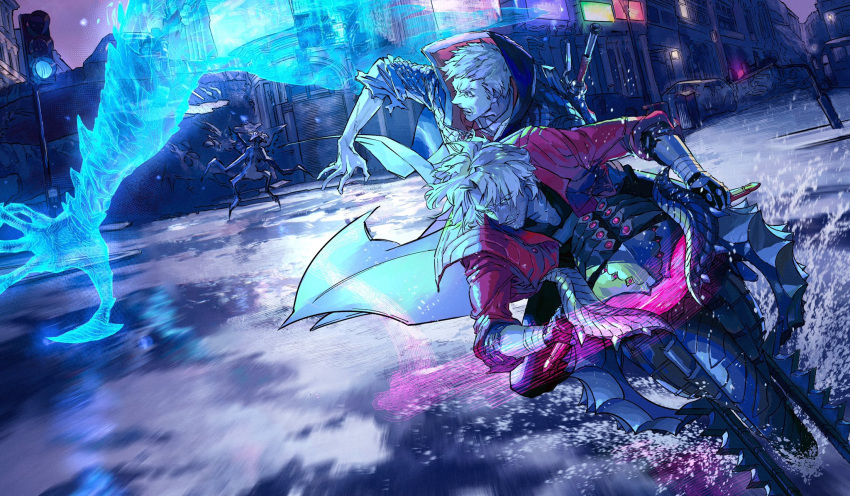 2boys bandaged_arm bandages black_gloves blue_coat blue_eyes chest_hair coat colorful dante_(devil_may_cry) demon devil_may_cry devil_may_cry_5 eyebrows_visible_through_hair eyes_visible_through_hair facial_hair fingerless_gloves gloves grin ground_vehicle highres hood hooded_coat jewelry johngaramond male_focus motor_vehicle motorcycle multiple_boys necklace nero_(devil_may_cry) open_clothes open_coat open_mouth outdoors padded_coat parted_lips puddle red_coat riding sleeves_rolled_up slit_pupils smile stubble sword torn torn_clothes torn_coat traffic_light water weapon weapon_on_back wet white_hair