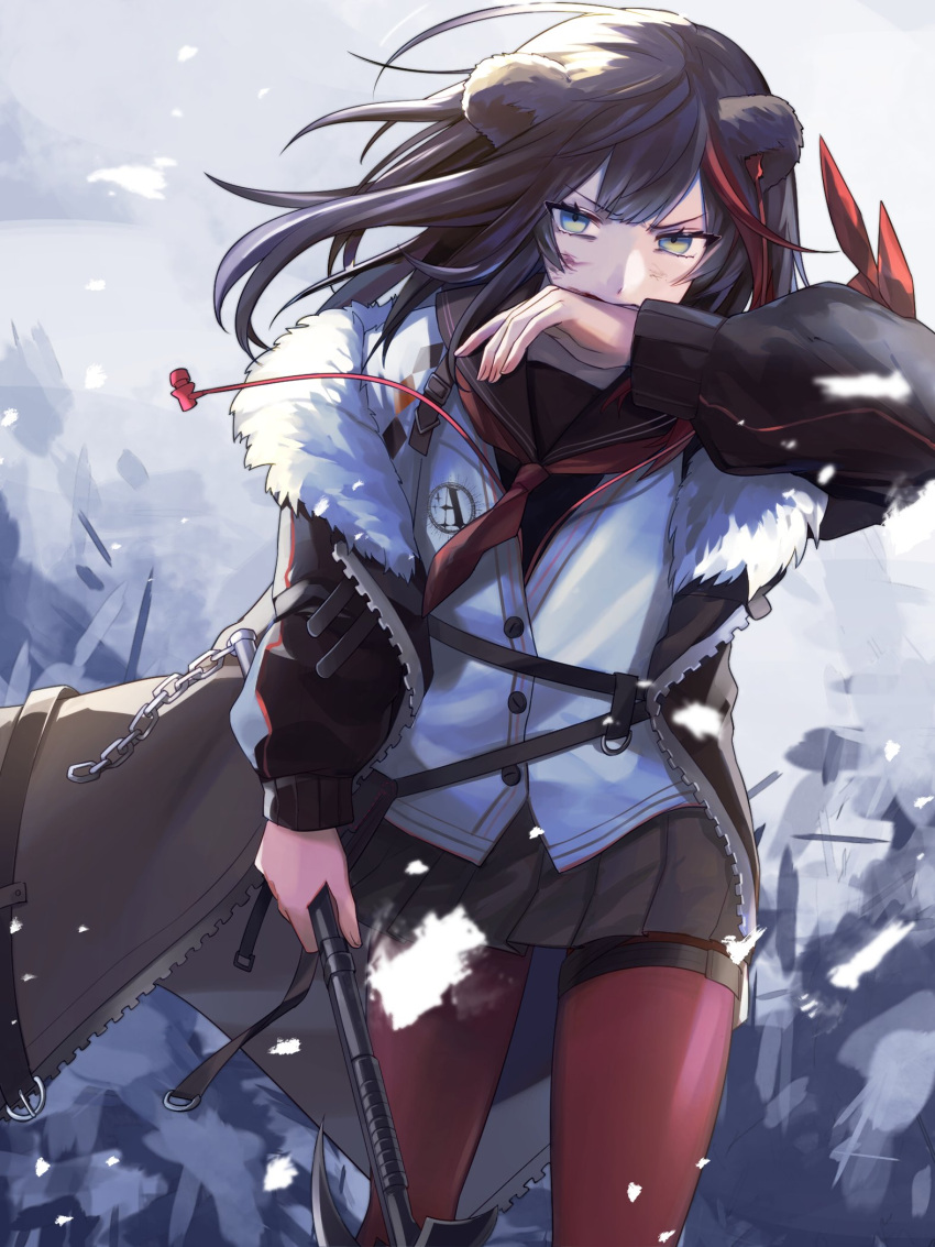 animal_ears arknights axe bear_ears black_skirt blue_eyes brown_hair brown_sailor_collar bruise bruise_on_face buttons chain coat commentary earphones earphones floating_hair fur-trimmed_jacket fur_trim geta_(epicure_no12) handkerchief highres holding holding_axe holding_weapon injury jacket long_hair multicolored_hair necktie open_clothes open_coat pantyhose pleated_skirt red_legwear red_neckwear redhead sailor_collar school_uniform serafuku skirt snow streaked_hair v-shaped_eyebrows weapon wind winter_clothes winter_coat wiping_mouth zima_(arknights) zipper