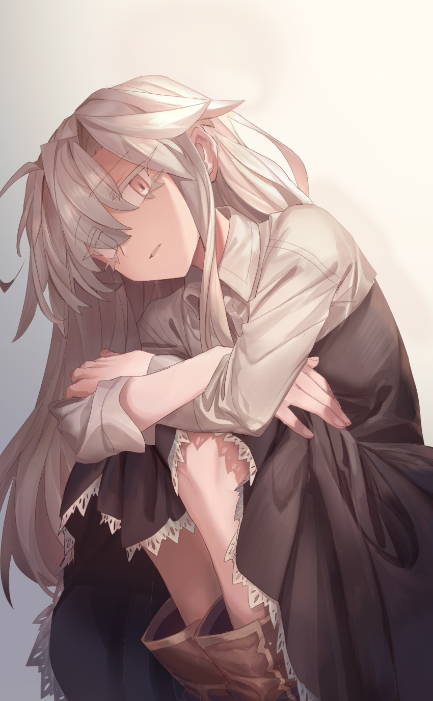 1girl ahoge ankle_boots boots brown_dress brown_footwear collared_shirt dress feet_out_of_frame grey_background grey_eyes grey_hair highres leg_hug long_hair long_sleeves looking_at_viewer loolook original parted_lips shichigatsu shirt solo squatting white_hair white_shirt wing_collar