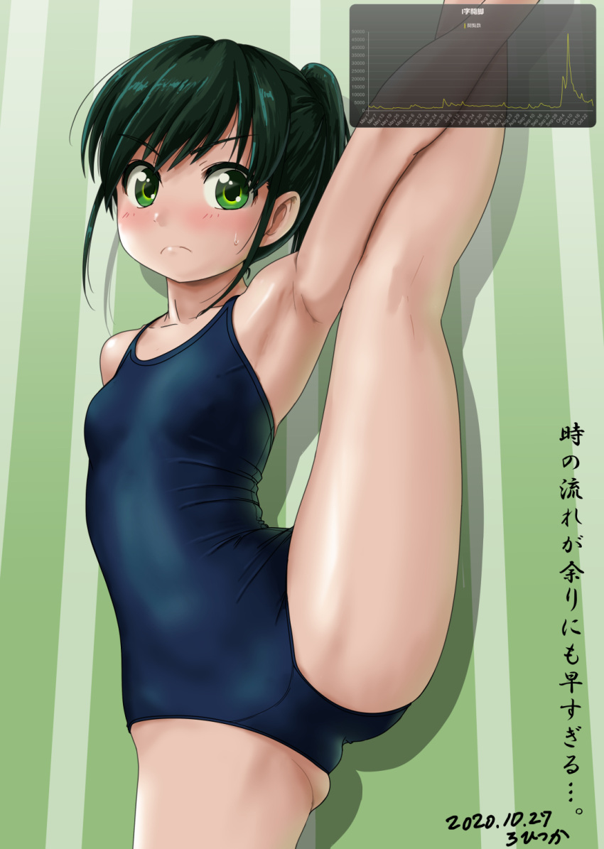 1girl armpits artist_name ass_visible_through_thighs black_hair blue_swimsuit breasts commentary_request cowboy_shot crotch_seam dated frown graph green_background green_eyes highres long_hair looking_at_viewer new_school_swimsuit original rohitsuka school_swimsuit small_breasts solo split standing standing_on_one_leg standing_split swimsuit translation_request