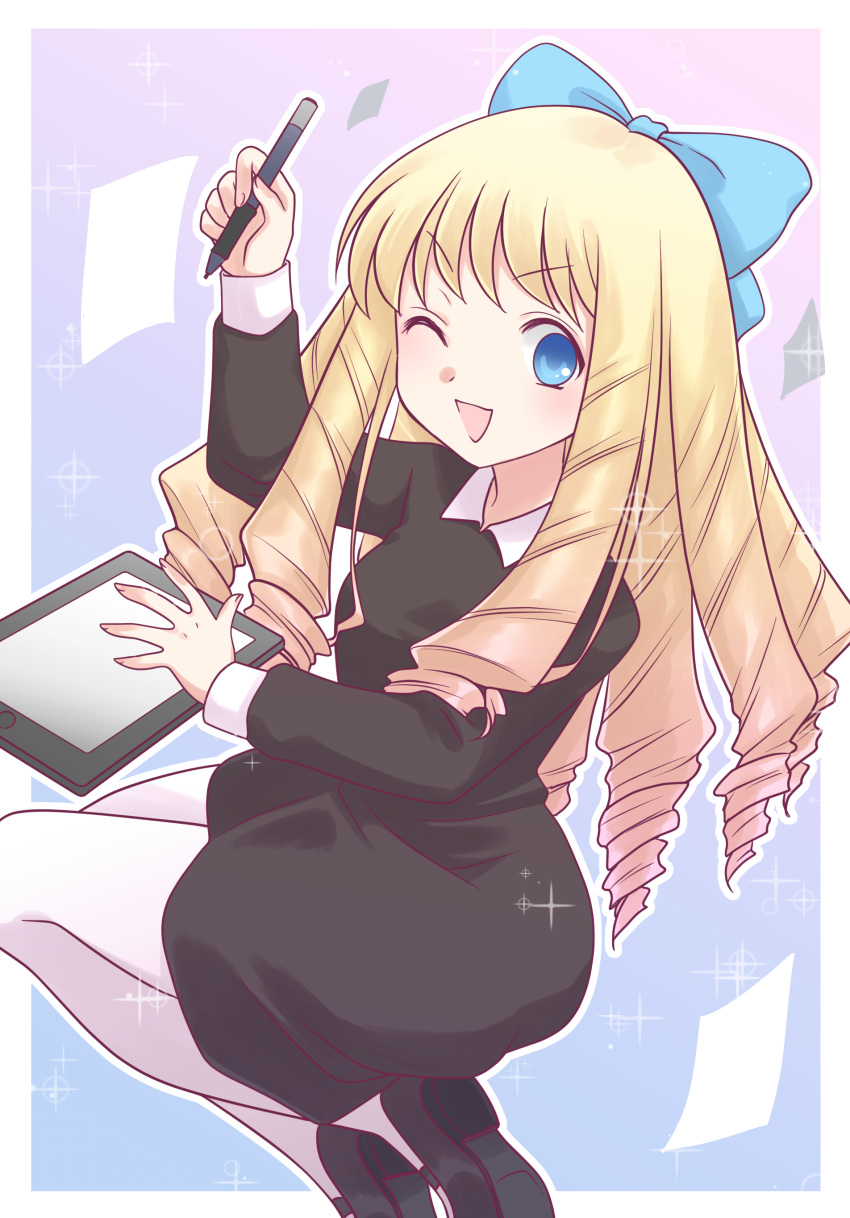 1girl ;d absurdres arm_up bangs black_dress black_footwear blonde_hair blue_bow blue_eyes border bow character_request commentary_request copyright_request drawing_tablet dress drill_hair eyebrows_visible_through_hair gradient gradient_background hair_bow highres hikaru_(ofuton_at5) holding holding_stylus long_hair looking_at_viewer one_eye_closed open_mouth outline outside_border pantyhose ringlets smile solo sparkle squatting stylus very_long_hair white_border white_legwear white_outline