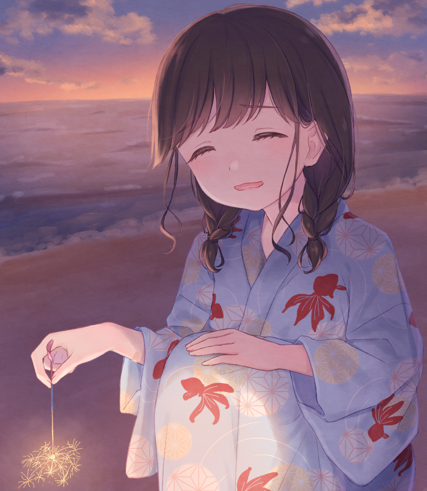 1girl absurdres beach blush braid brown_hair closed_eyes fireworks hair_tie highres japanese_clothes kazane_mari kimono medium_hair ocean open_mouth original outdoors short_twintails sidelocks sky solo sparkler squatting twin_braids twintails yukata