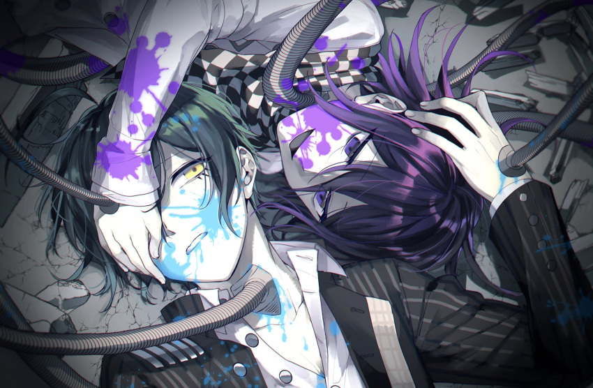 2boys bangs black_hair blood blood_on_face bloody_clothes cable checkered checkered_neckwear checkered_scarf collarbone collared_shirt commentary_request dangan_ronpa hair_between_eyes hand_on_another's_face hand_on_another's_head highres jacket long_sleeves looking_at_another looking_at_viewer lying male_focus medium_hair multiple_boys nanin new_dangan_ronpa_v3 on_back on_side open_mouth ouma_kokichi pink_blood purple_hair saihara_shuuichi scarf shirt short_hair sleeves_past_wrists straitjacket striped_jacket teeth violet_eyes white_jacket white_shirt yellow_eyes