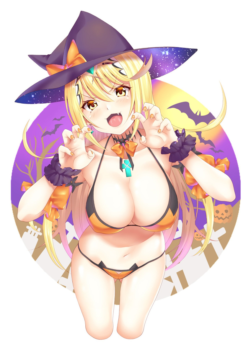 1girl blonde_hair breasts daive fang halloween halloween_costume hat highres large_breasts mythra_(xenoblade) swimsuit witch_hat xenoblade_chronicles_(series) xenoblade_chronicles_2 yellow_eyes