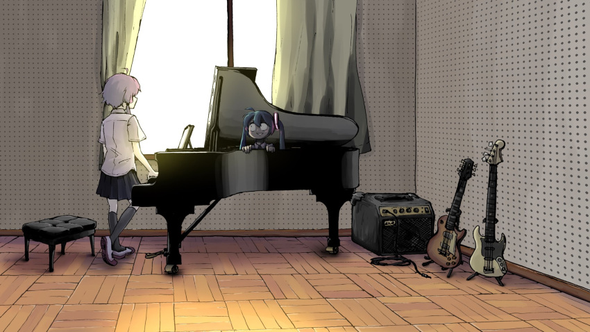 2girls ahoge amplifier_(instrument) aqua_hair backlighting black_legwear black_skirt cable chilei_ohtzu commentary curtains dot_pupils electric_guitar from_behind grin guitar hair_ornament hatsune_miku hiding highres indoors instrument kneehighs long_hair looking_at_another miniskirt multiple_girls piano piano_bench pleated_skirt purple_hair recording_studio school_uniform shirt skirt smile standing twintails vocaloid voiceroid white_shirt wide_shot window wooden_floor yuzuki_yukari