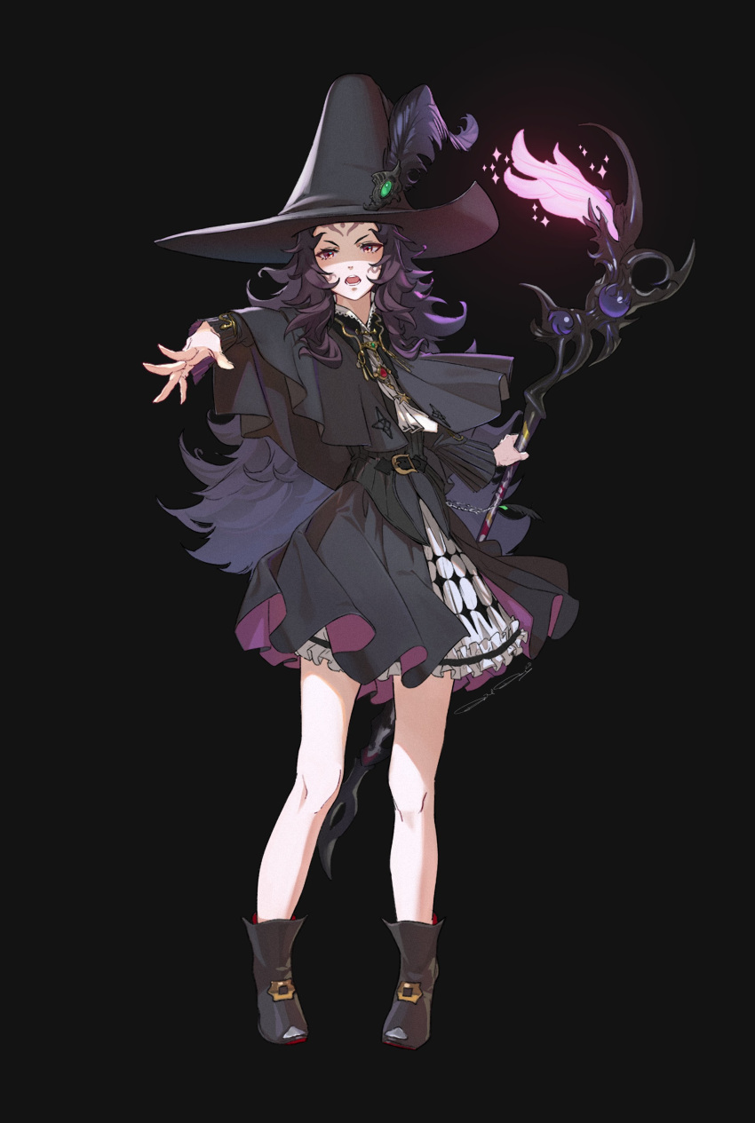 1girl absurdres black_bakground black_mage black_mage_(cosplay) cosplay crossover daniel_deng english_commentary fantasy final_fantasy final_fantasy_xiv fire_emblem fire_emblem_fates hat highres holding holding_staff long_hair nyx_(fire_emblem) open_hand open_mouth pink_eyes purple_hair solo staff very_long_hair witch_hat