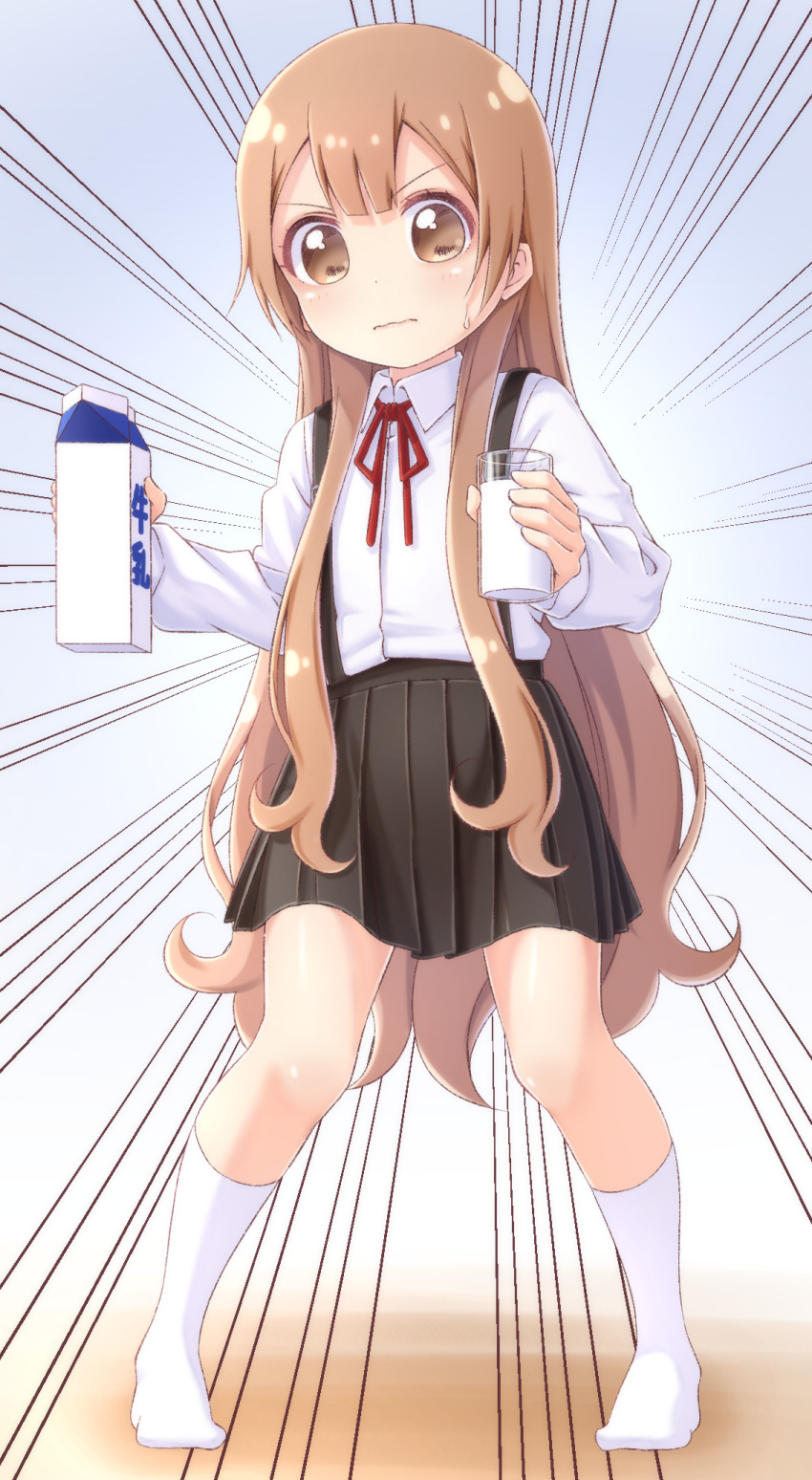 1girl bangs black_skirt blunt_bangs brown_eyes brown_hair commentary_request cup emphasis_lines full_body glass highres holding holding_cup long_hair looking_at_viewer milk milk_carton oomuro_hanako pontasu red_ribbon ribbon shiny shiny_hair shiny_skin shirt skirt socks solo standing suspenders sweatdrop very_long_hair white_legwear white_shirt yuru_yuri