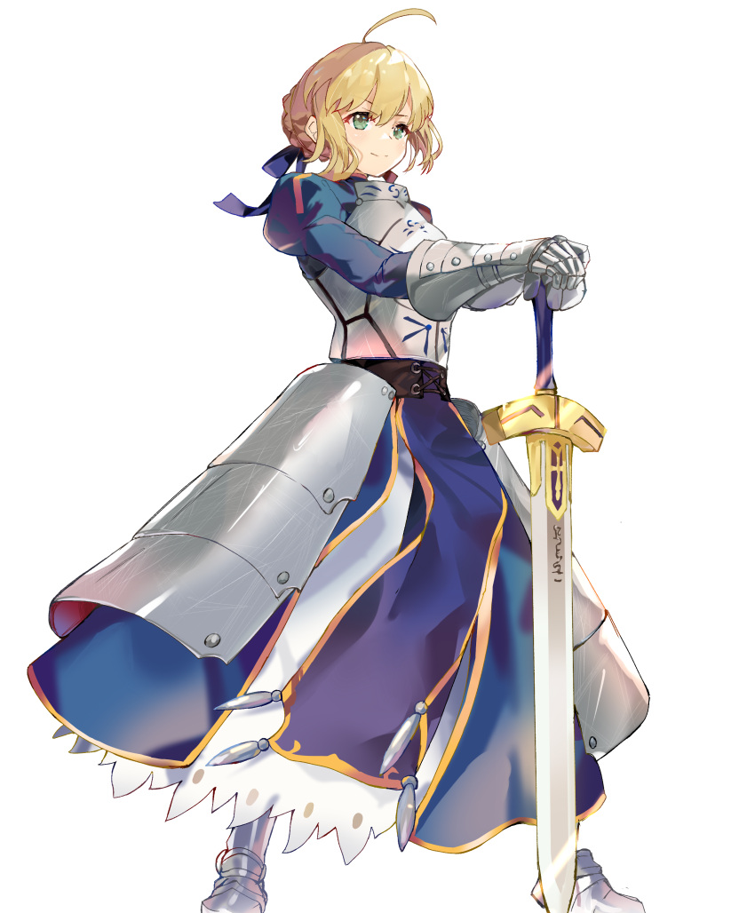 1girl absurdres ahoge armor armored_dress artoria_pendragon_(all) blonde_hair blue_dress blue_ribbon braid breastplate dress excalibur fate/stay_night fate_(series) faulds french_braid full_body gauntlets green_eyes hair_bun hair_ribbon highres ribbon saber same_(sendai623) simple_background solo standing sword weapon white_background