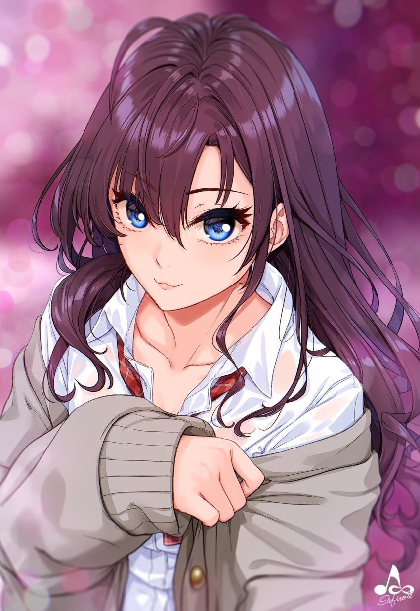 1girl :3 blue_eyes blurry blurry_background brown_hair commentary_request eyebrows_visible_through_hair highres ichinose_shiki idolmaster idolmaster_cinderella_girls infinote jacket long_hair looking_at_viewer necktie off_shoulder open_collar signature solo vignetting wavy_hair