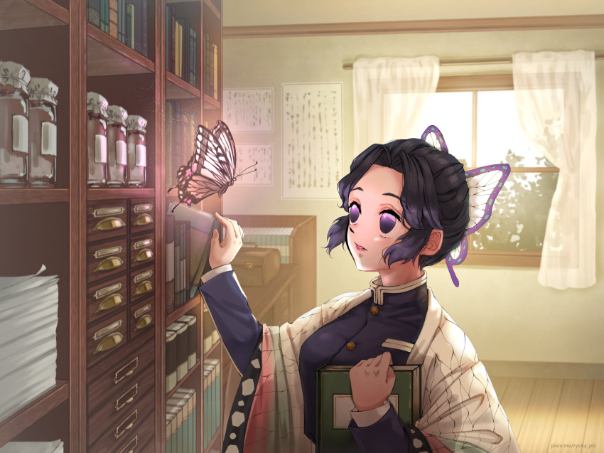 1girl black_hair bookshelf bug butterfly butterfly_hair_ornament curtains gradient_hair hair_intakes hair_ornament haori highres holding indoors insect jacket japanese_clothes kimetsu_no_yaiba kochou_shinobu long_sleeves multicolored_hair no_pupils parted_lips purple_hair purple_jacket red_lips ryoka_pic short_hair solo violet_eyes wooden_floor