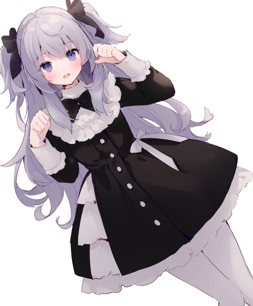 1girl :d bangs black_bow black_dress blush bow commentary_request copyright_request dress dutch_angle eyebrows_visible_through_hair grey_hair hair_bow hands_up highres long_hair long_sleeves looking_at_viewer open_mouth pantyhose simple_background smile solo suzumori_uina two_side_up very_long_hair violet_eyes virtual_youtuber white_background white_bow white_legwear