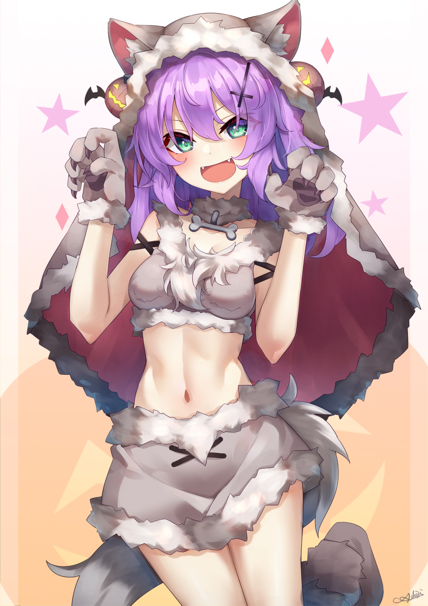 1girl :d animal_ear_fluff animal_ears arm_strap ashisi azur_lane bangs blush bone breasts claw_pose collarbone commentary_request cosplay cowboy_shot crop_top cross_hair_ornament eyebrows_visible_through_hair fake_animal_ears fake_tail fangs fur-trimmed_headwear fur_collar green_eyes grey_headwear grey_skirt groin hair_between_eyes hair_ornament halloween_costume highres jack-o'-lantern javelin_(azur_lane) kono_subarashii_sekai_ni_shukufuku_wo! looking_at_viewer medium_breasts medium_hair midriff navel open_mouth purple_hair sidelocks signature skirt smile solo starry_background tail veil wolf_ears yunyun_(konosuba) yunyun_(konosuba)_(cosplay)