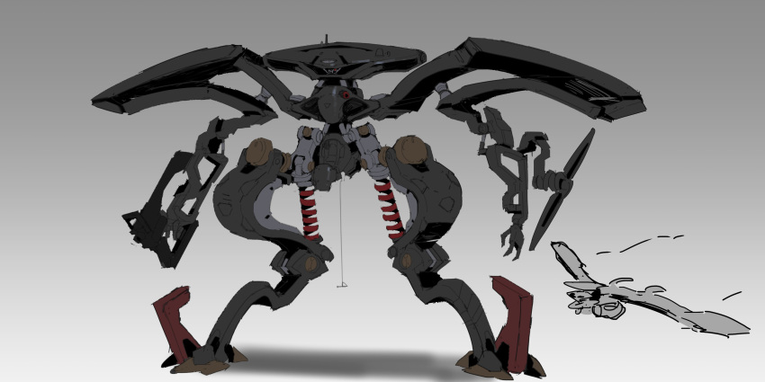 absurdres aircraft airplane flying gun highres holding holding_gun holding_weapon mecha no_humans open_hand original science_fiction sketch solo_focus standing weapon zhu_fun