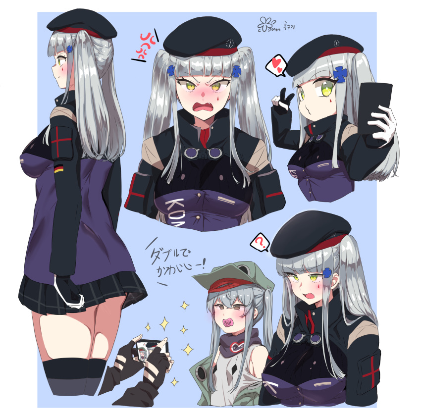 2girls ? alternate_hairstyle bangs beret black_headwear black_skirt blunt_bangs blush breasts brown_eyes cellphone facial_mark fang g11_(girls_frontline) girls_frontline goggles goggles_around_neck green_eyes hair_between_eyes hair_ornament hat heart highres hk416_(girls_frontline) holding holding_phone jacket large_breasts long_hair long_sleeves looking_at_viewer multiple_girls open_mouth phone pleated_skirt scarf self_shot silver_hair skirt smartphone spoken_heart spoken_question_mark thigh-highs twintails v yugion