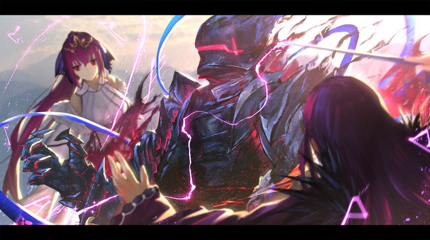 1boy 2girls armor berserker_(fate/zero) black_armor blurry breastplate clone depth_of_field detached_sleeves electricity fate/grand_order fate/zero fate_(series) fire full_armor fur_collar fur_trim gauntlets helmet knight long_hair multiple_girls otsumami_(bu-bu-heaven) ponytail purple_hair red_eyes scathach_(fate)_(all) scathach_skadi_(fate/grand_order) tiara wand