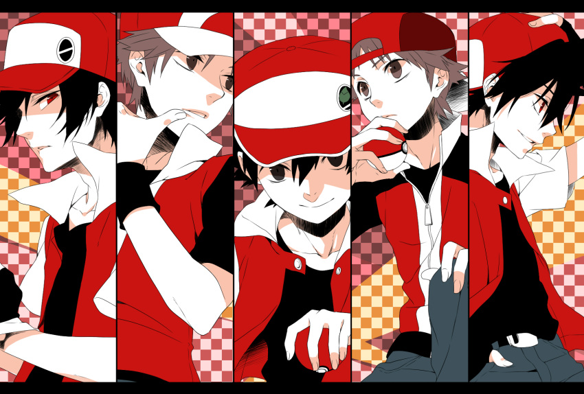 1boy backwards_hat badge bangs baseball_cap black_hair black_shirt closed_mouth commentary_request gloves hair_between_eyes hajime hand_on_headwear hand_up hat highres holding holding_poke_ball jacket looking_to_the_side male_focus multiple_views pants parted_lips pixiv_red poke_ball poke_ball_(basic) pokemon popped_collar red_eyes shirt smile wristband