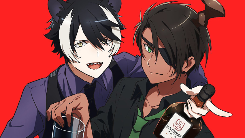 2boys :d animal_ears aragami_ouga black_hair black_shirt black_vest closed_mouth commentary_request copyright_name cup dark_skin dark_skinned_male eyepatch green_eyes green_neckwear highres holding holding_cup holostars horns jackal_ears kageyama_shien long_sleeves looking_at_viewer male_focus multicolored_hair multiple_boys necktie open_mouth purple_shirt red_background sharp_teeth shirt short_hair simple_background single_horn smile streaked_hair teeth upper_body vest virtual_youtuber white_hair yellow_eyes yufu_toyomimasu