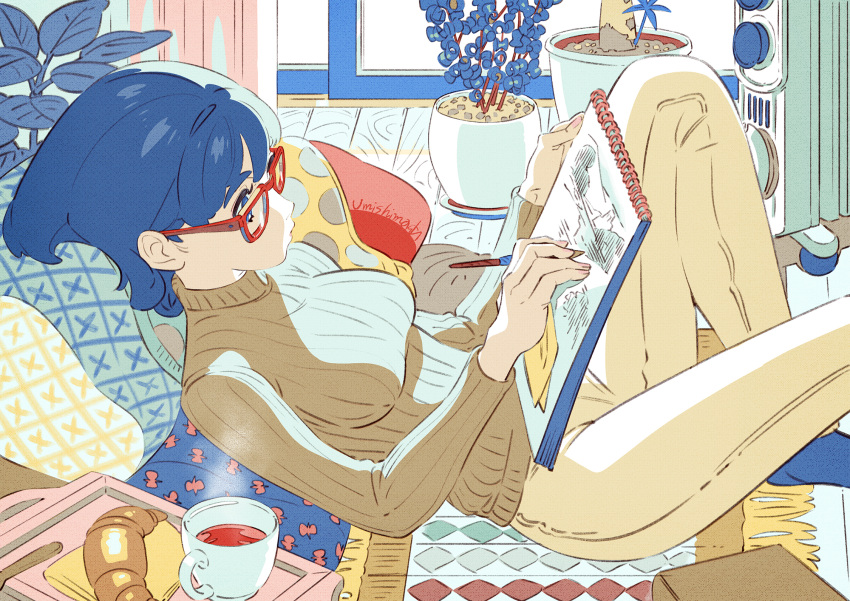 1girl blue_eyes blue_hair breasts croissant cup drawing food from_side glasses highres lying medium_breasts on_back original ribbed_sweater short_hair solo sweater teacup umishima_senbon