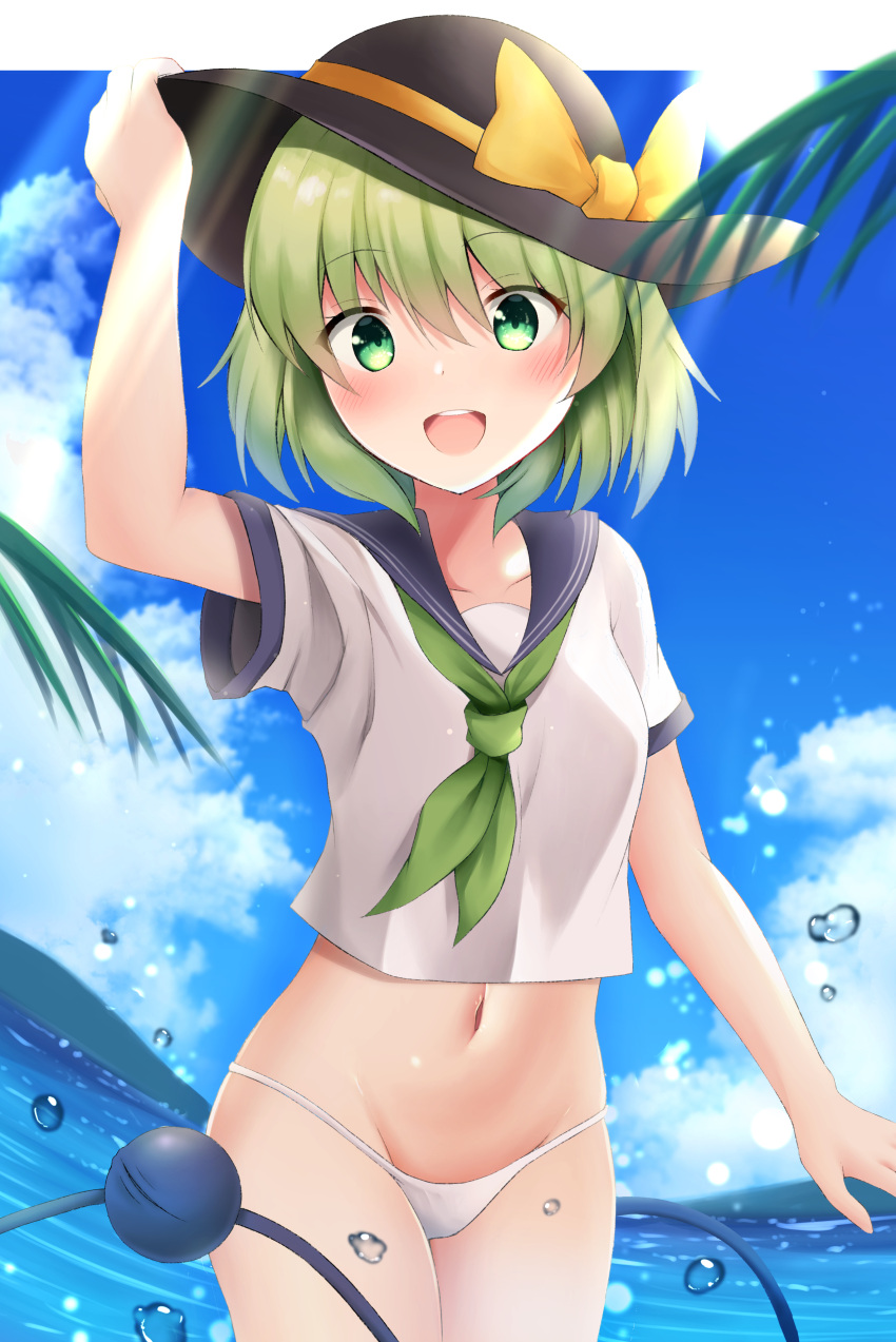 1girl absurdres bikini blush breasts clouds collarbone dress eyebrows_visible_through_hair green_eyes green_hair green_neckwear groin hat highres komeiji_koishi looking_at_viewer navel neckerchief ocean open_mouth outdoors sailor_dress shiny shiny_hair shiny_skin short_hair sky small_breasts smile solo swimsuit swimwear teeth touhou upper_teeth utekiro white_bikini