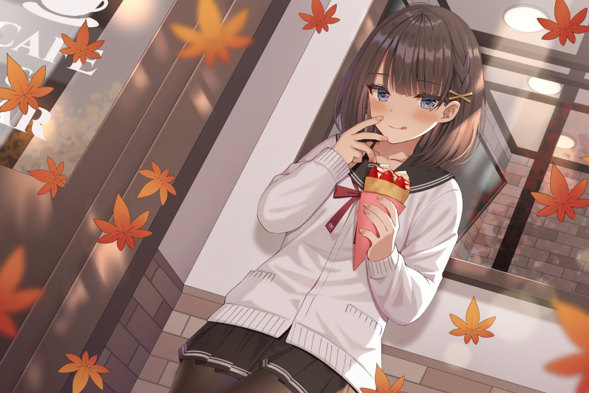 1girl :q autumn autumn_leaves bangs black_legwear black_sailor_collar black_skirt blue_eyes blush braid brick_wall brown_hair building cardigan closed_mouth collarbone commentary_request crepe day door eyebrows_visible_through_hair fingernails food fruit hands_up highres holding holding_food izumo_neru leaf long_sleeves looking_at_viewer maple_leaf original outdoors pantyhose pleated_skirt sailor_collar school_uniform serafuku skirt sleeves_past_wrists smile solo strawberry tongue tongue_out white_cardigan window