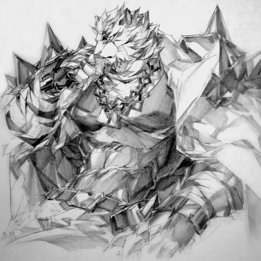 1boy animal_ears arknights armor chain_necklace furry gauntlets highres jacket kangnotrier mountain_(arknights) muscle open_clothes open_shirt pauldrons scar scar_across_eye shoulder_armor sketch solo tiger tiger_boy tiger_ears tiger_stripes
